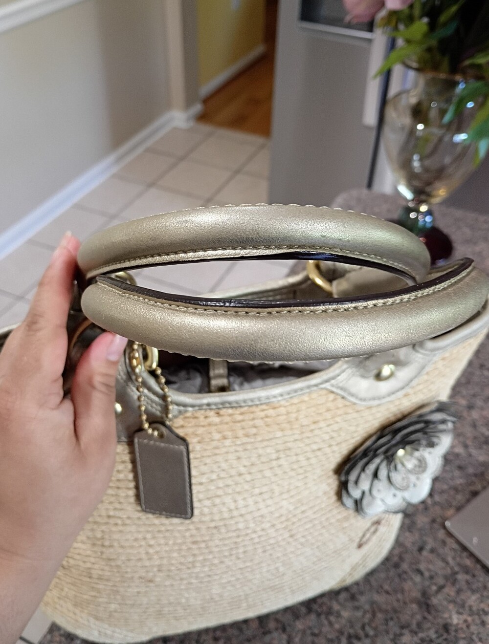 Coach Natural Straw Tote with Metallic Gold Trim and Floral Applique - Picture 4 of 16